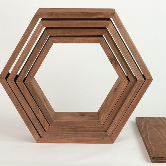 Wall Decor Floating Shelves Brown Wooden Hexagon Shelves Set Of 4